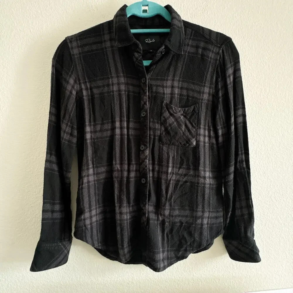 Rails Plaid Hunter Black Grey Long Sleeve Button Down Womens XS